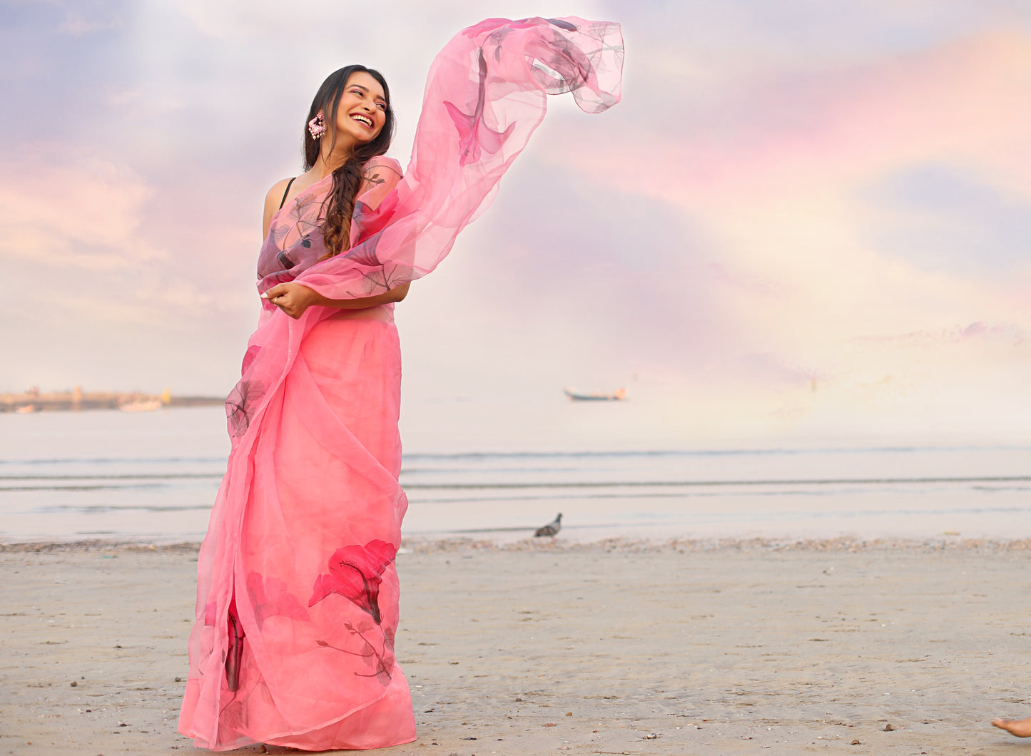 Dark Pink Florals on Organza Hand-painted Saree-009