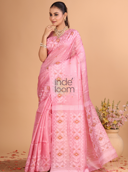 Tussar Silk Saree With Shaded Deep Pink - 119