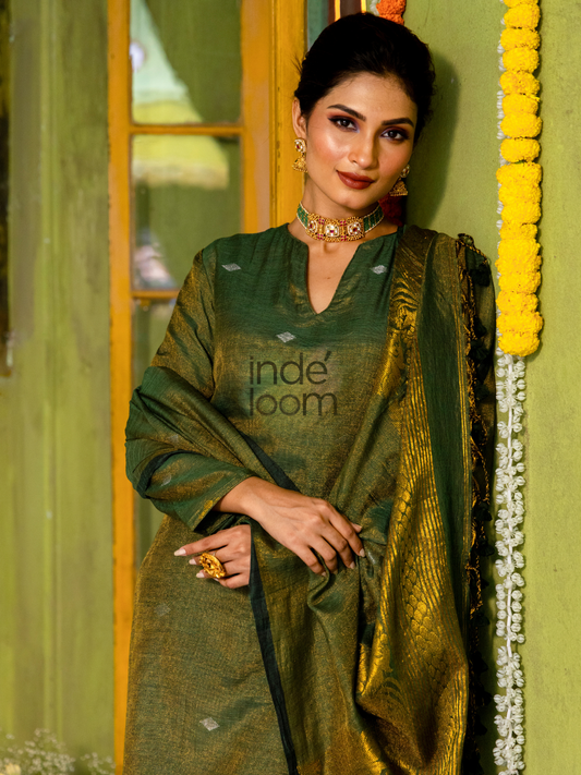 Handwoven Jamdani Linen Unstitched 2-piece Kurti | Army Green