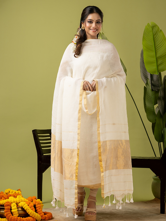 Handwoven Jamdani Linen Unstitched 2-piece Kurti | Cream White and White | All-over Buttas with Floral border