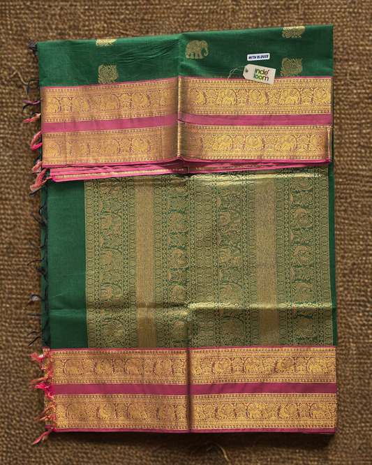 Kanchi Cotton|Dark Green & Pastel Pink