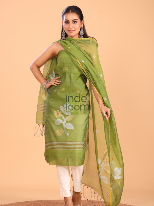 Olive Green | Handloom Jamdani Muslin-Tissue Unstitched 2-Piece Kurti