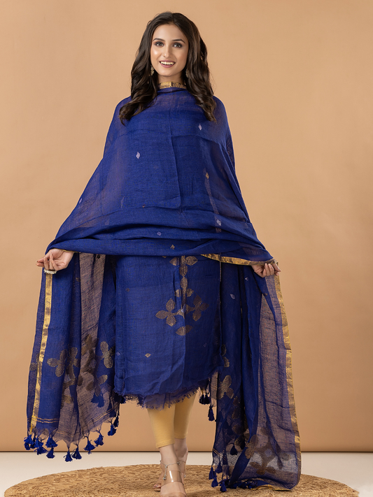 Handwoven Jamdani Linen Unstitched 2-Piece Kurti | Royal Blue