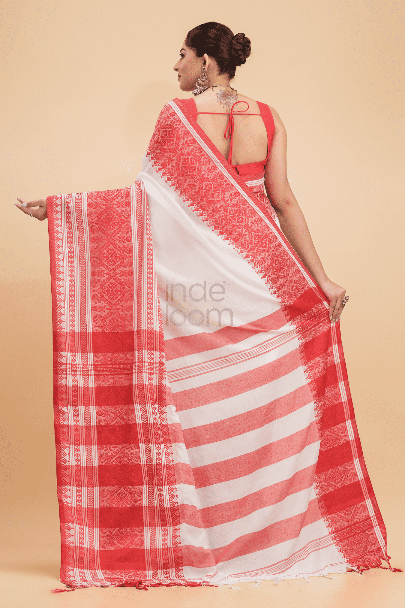 Durga Puja Saree Handloom Cotton in Red White-013 - indeloom