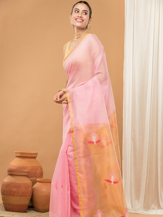 Tissue Muslin Jamdani Saree With Baby Pink And Golden Border -010