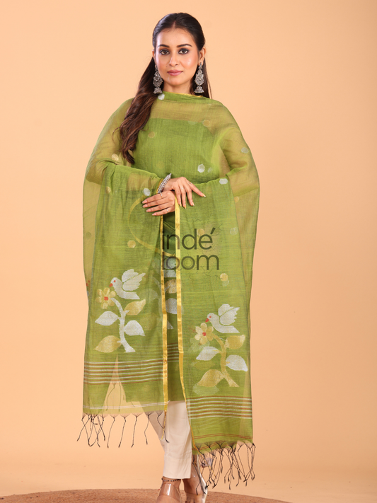 Olive Green | Handloom Jamdani Muslin-Tissue Unstitched 2-Piece Kurti