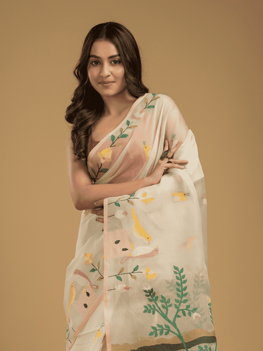 Hand Made Muslin Jamdani Saree With Linen White - 014