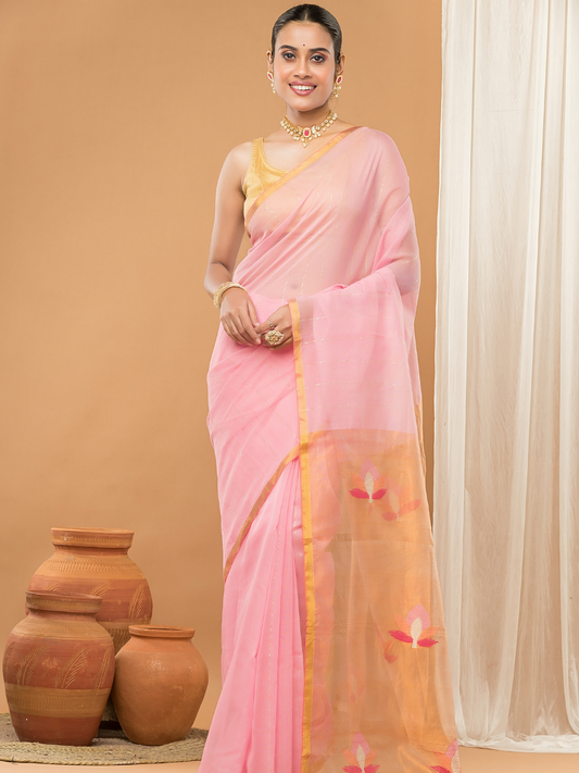 Tissue Muslin Jamdani Saree With Baby Pink And Golden Border -010