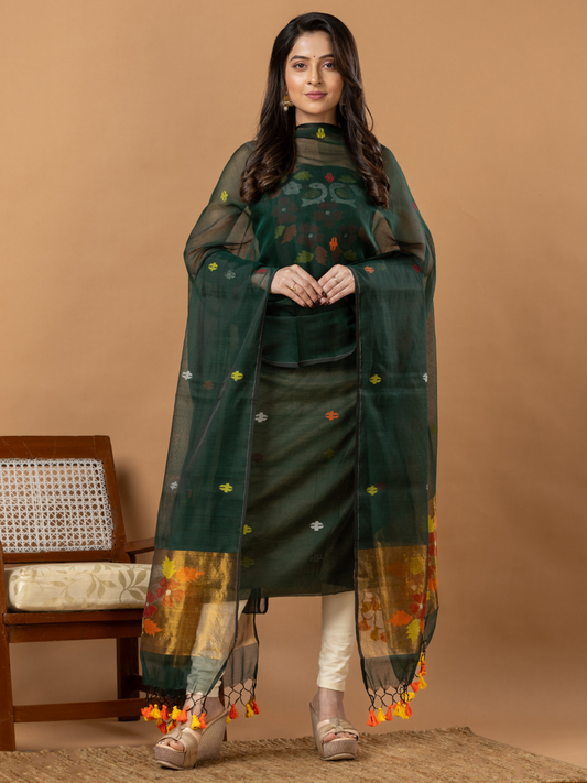 Handwoven Jamdani Muslin Unstitched 2-Piece Kurti | Bottle Green