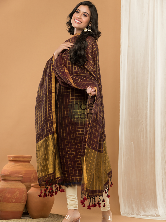 Rustwood Brown | Handloom Jamdani Linen Unstitched 2-Piece Kurti