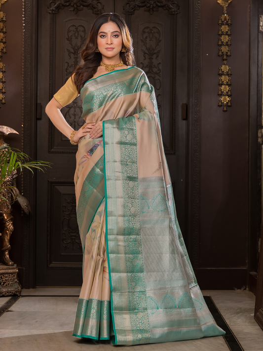 Sugandha - Light brown silk with stylised floral vines