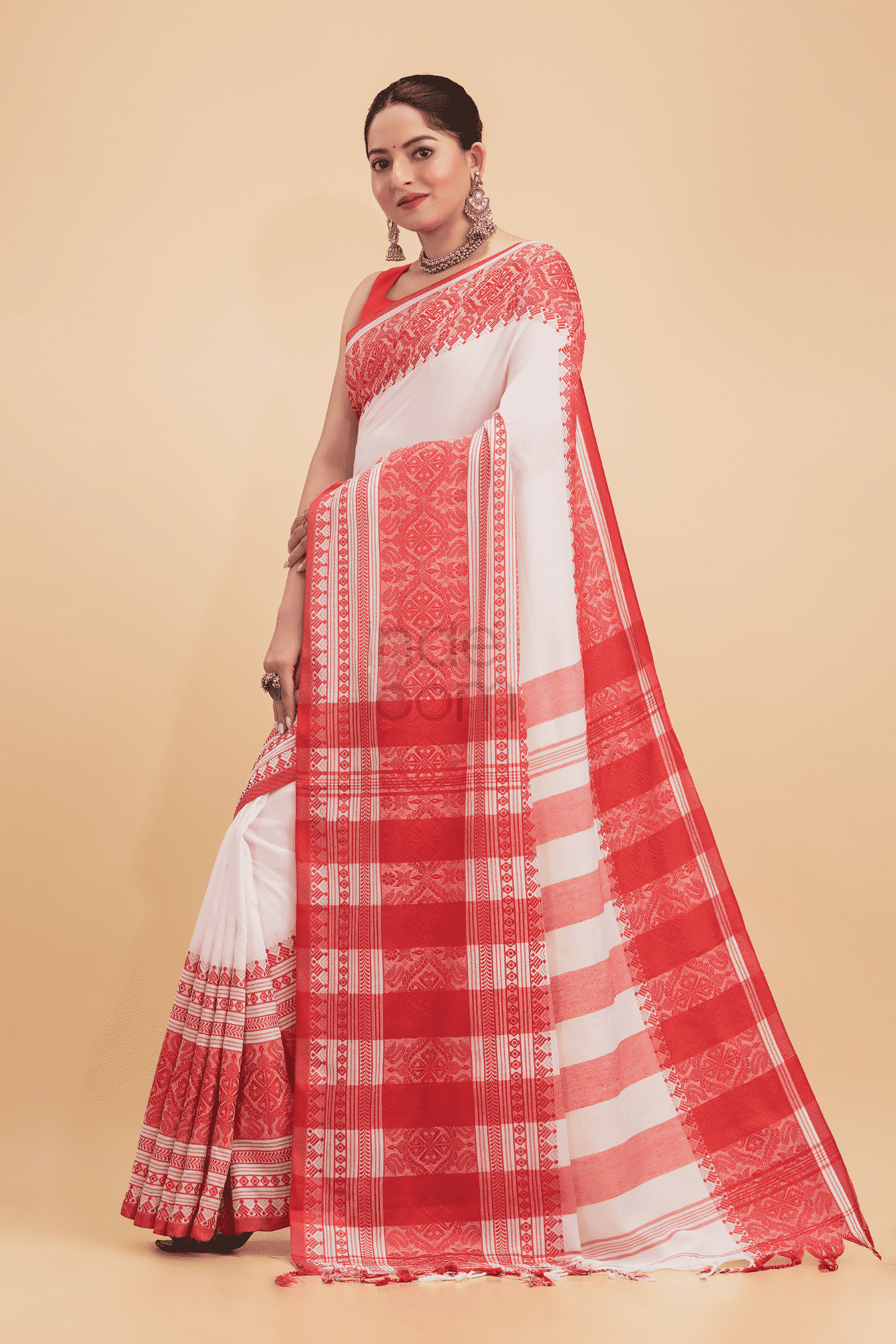 Durga Puja Saree Handloom Cotton in Red White-013 - indeloom