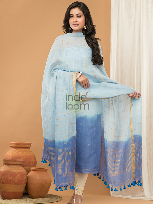 Bright Blue | Handloom Jamdani Linen Unstitched 2-Piece Kurti | Ombre Design