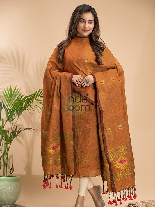 Handwoven Jamdani Linen Unstitched 2-piece Kurti | Caramel Brown