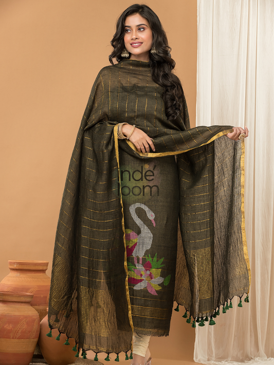 Moss Green | Handloom Jamdani Linen Unstitched 2-Piece Kurti
