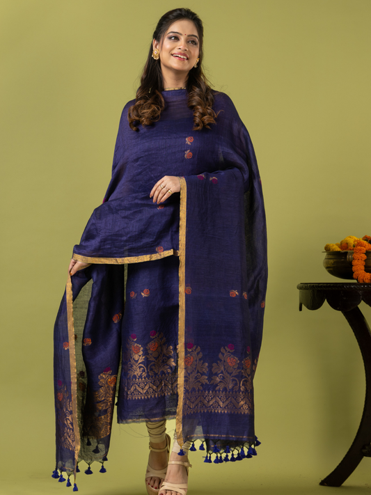 Handwoven Jamdani Linen Unstitched 2-piece Kurti | Indigo Blue