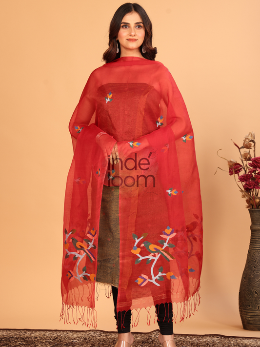 Pure Handloom Muslin Jamdani Dupatta With Ruby Red - 021