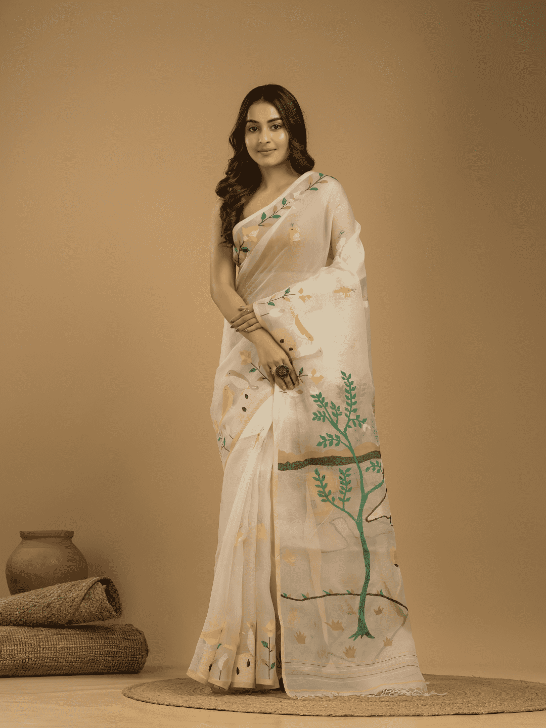 Hand Made Muslin Jamdani Saree With Linen White - 014