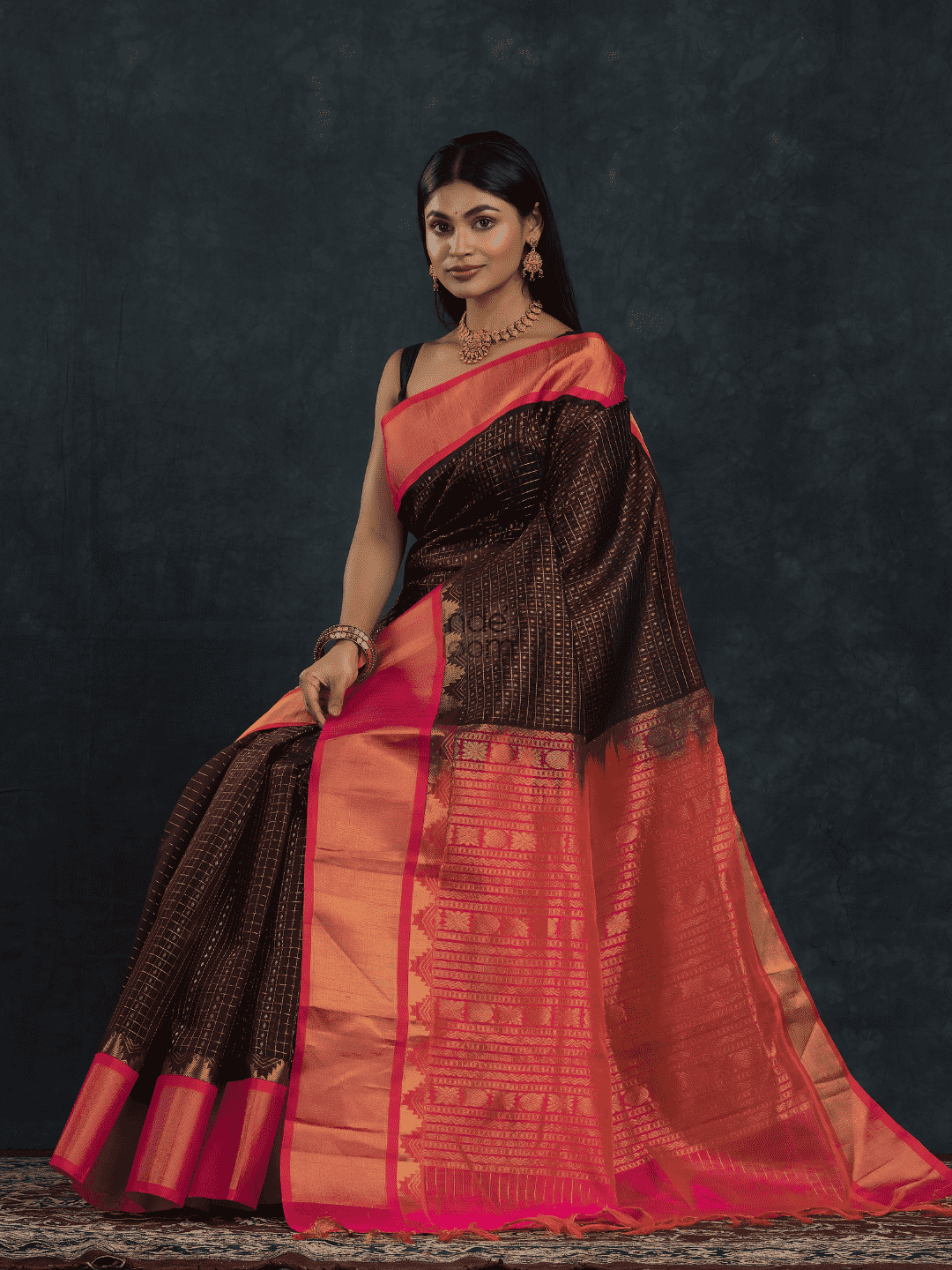 Pure Handloom Korvai Silk Cotton Lakshadeepam Saree in Rich Chocolate Brown and Multishade Pink Border - 146