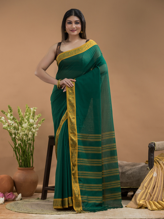 Shaded Pine Green  - Handloom Cotton Saree - 096