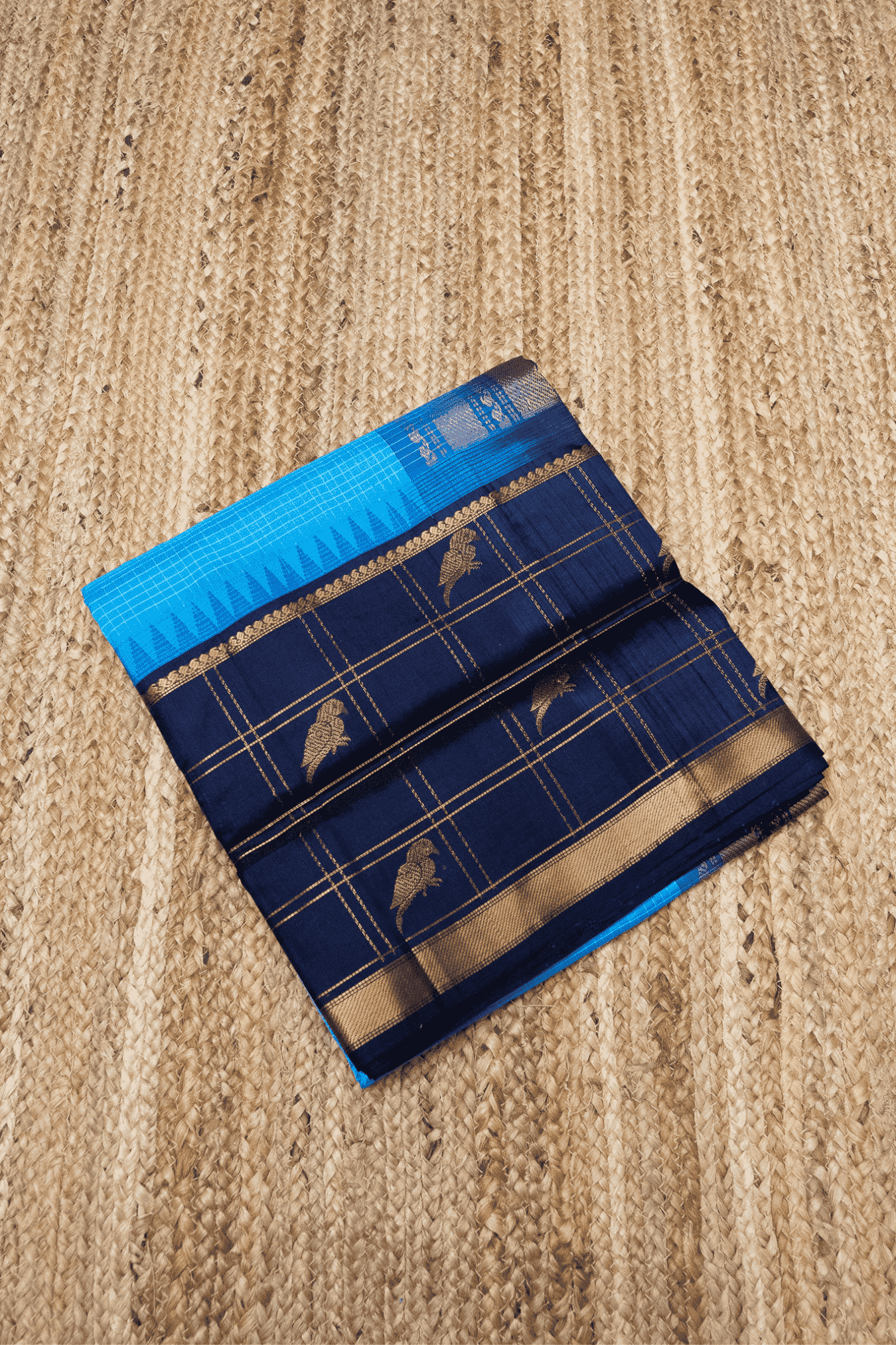 Pure handloom Korvai Silk Cotton Saree in Royal and Midnight Blue with Golden Parrots in Zari Checks - 005