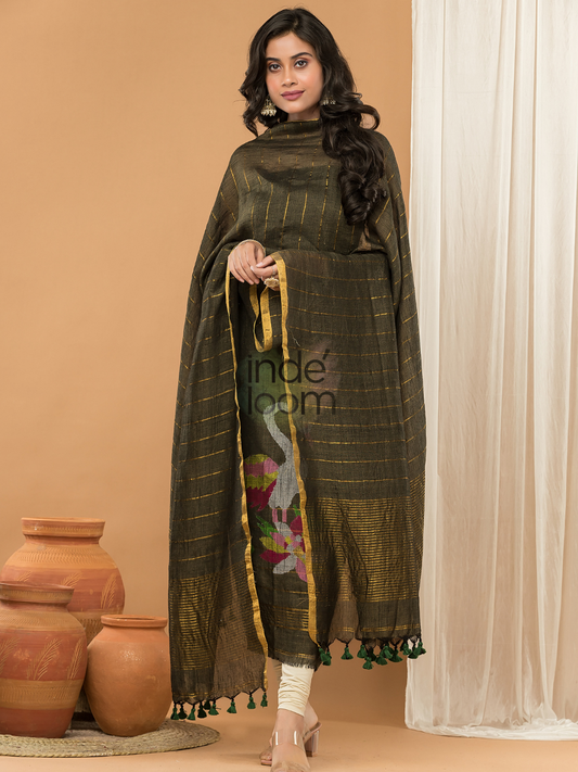 Handwoven Jamdani Linen Unstitched 2-piece Kurti | Army Green