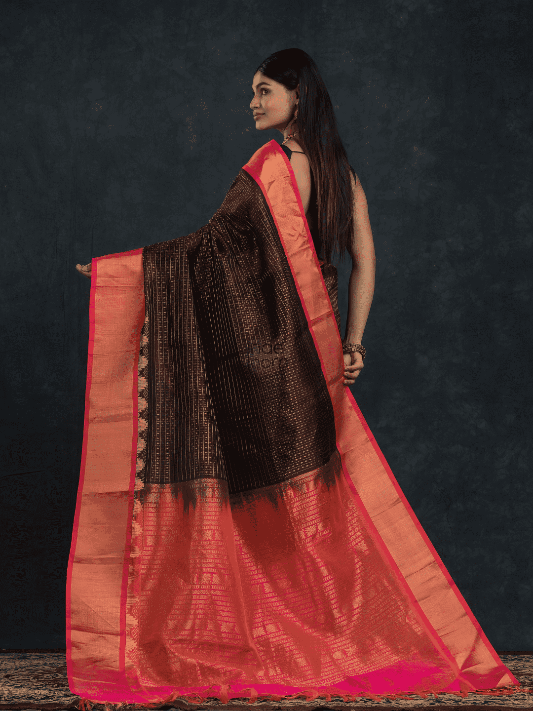 Pure Handloom Korvai Silk Cotton Lakshadeepam Saree in Rich Chocolate Brown and Multishade Pink Border - 146