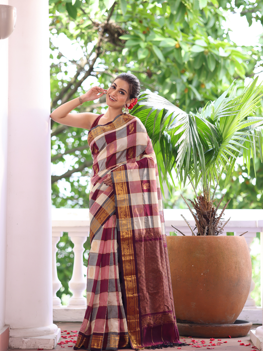 Pure Handloom Korvai Saree | Zari Checks White