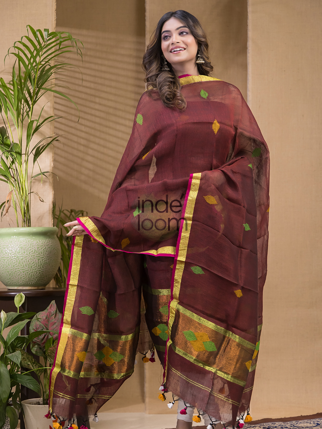 Maroon Red Pure Linen suit 2 piece Set Kurti & Dupatta (UNSTITCHED) -646