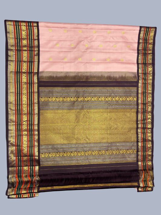 Pure Handwoven Gadwal Silk Saree With Peach Pink - 011