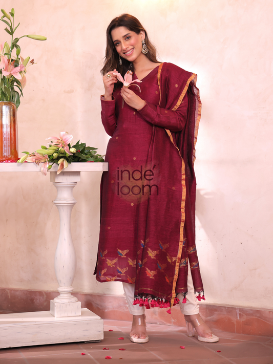Dark Ruby | Handloom Jamdani Linen Unstitched 2-Piece Kurti