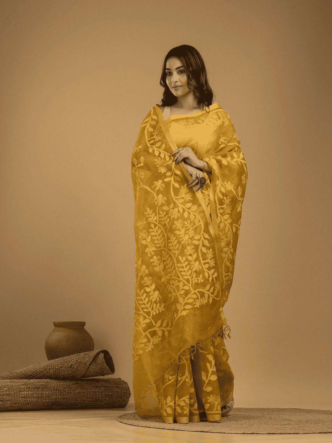 Jamdani Saree With Golden Yellow - 02 - indeloom