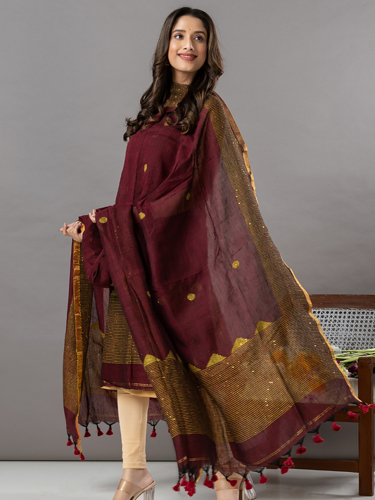 Handwoven Jamdani Linen Unstitched 2-Piece Kurti | Wine Maroon