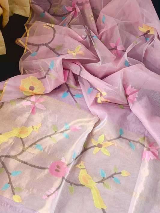 Baby Pink Hand Woven Maslin Paithani Jamdani Saree- 111