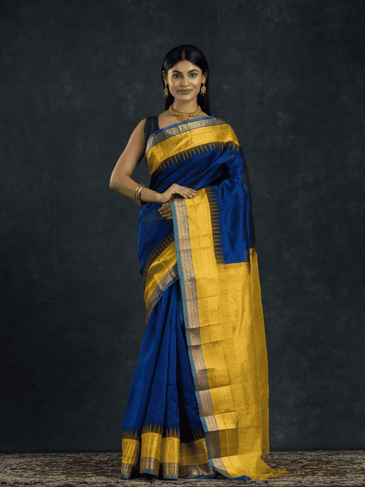 Pure Handloom Korvai Saree | Regal Blue and bright Yellow