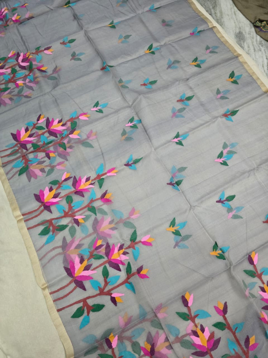 Handwoven Pure Handwoven Pure Muslin Saree | Silver Grey