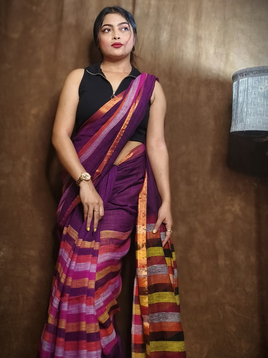 Pure Handloom Linen Saree | Plum Purple