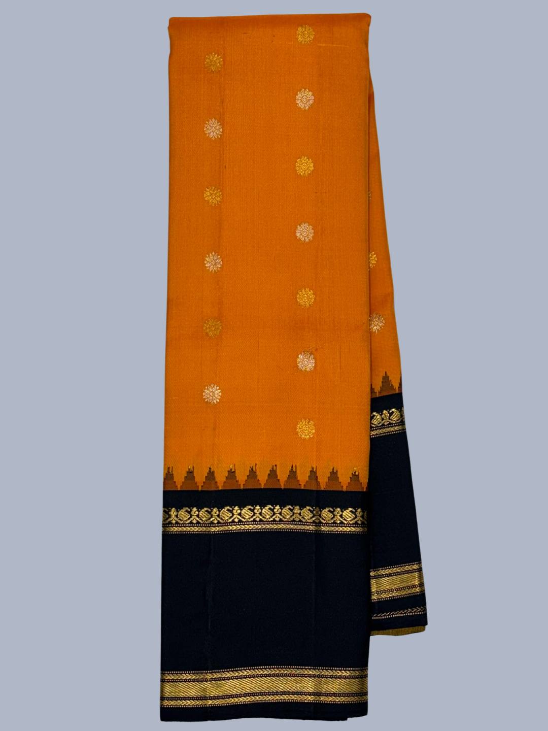 Fire Orange and Black Border Pure Handwoven Kanchi Silk Saree -205
