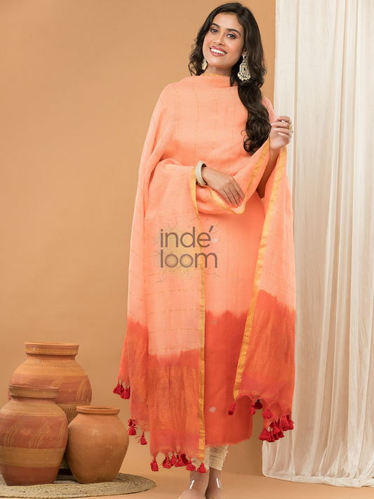 Coral Orange | Handloom Jamdani Linen Unstitched 2-Piece Kurti | Ombre Design