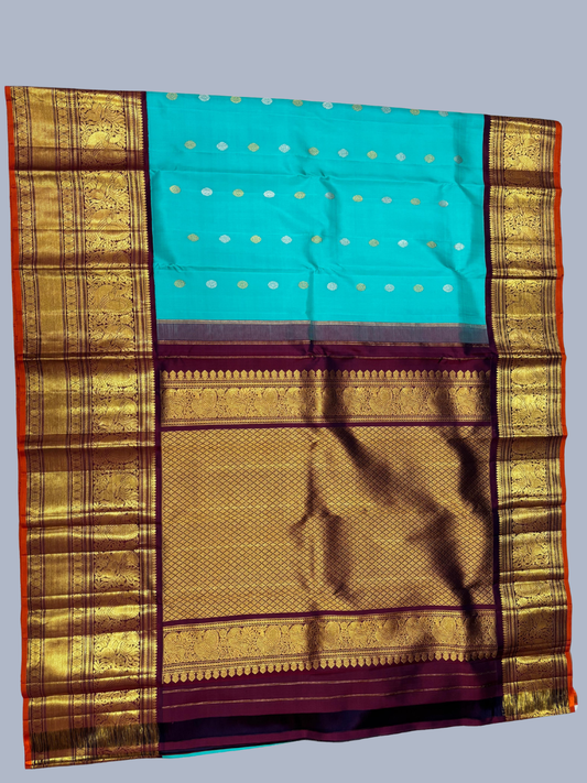 Pure Handwoven Gadwal Silk Saree With Aqua Blue - 015