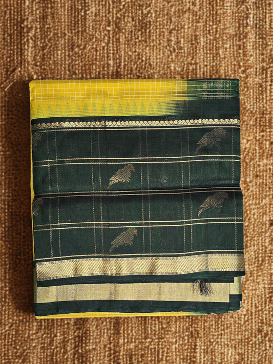 Pure Handloom Korvai Saree | Bright Yellow and Forest Green