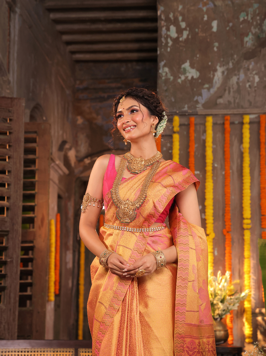 Kanaka Varnika - Golden yellow drape with rudraksha motifs