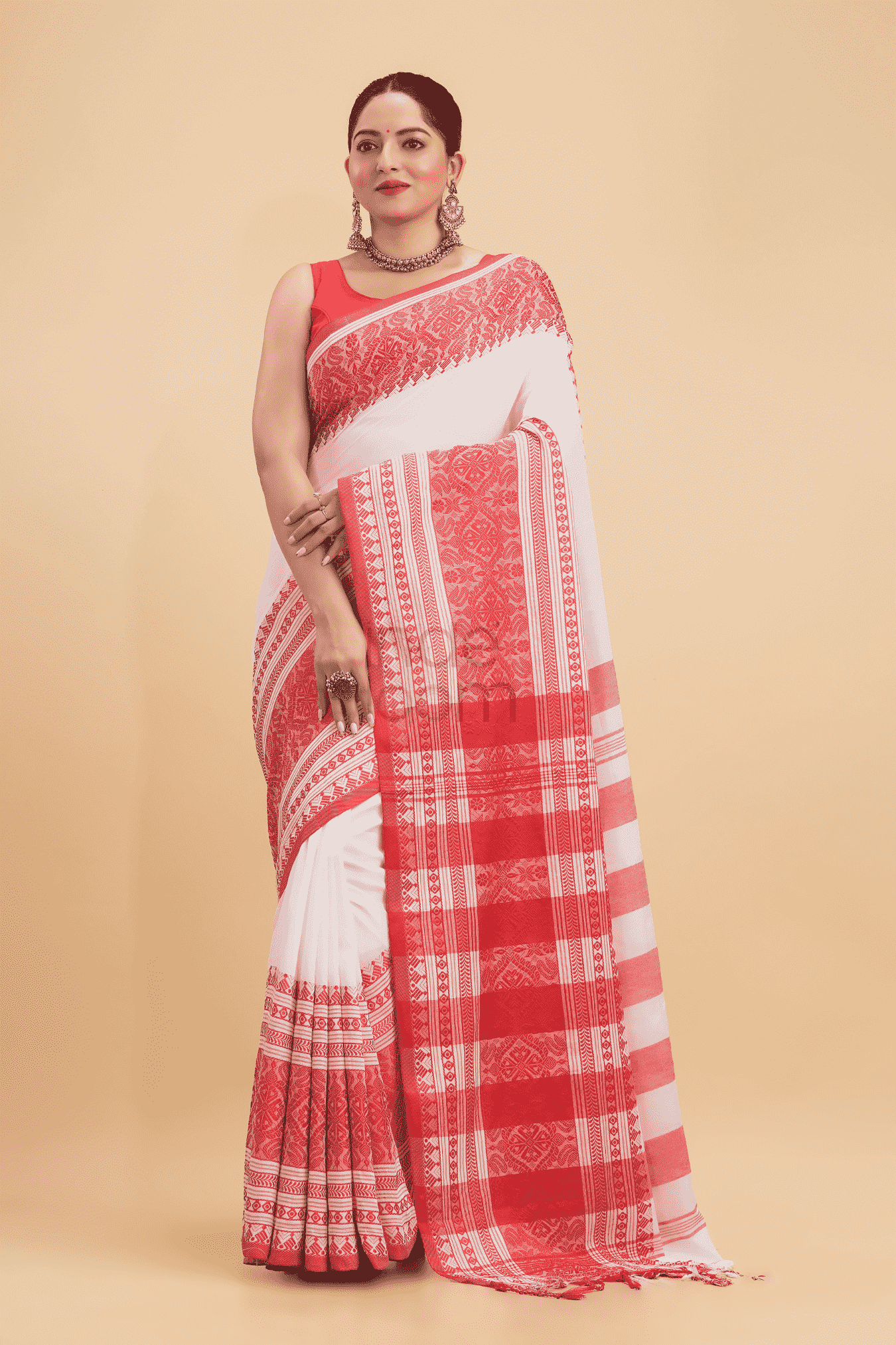 Durga Puja Saree Handloom Cotton in Red White-013 - indeloom