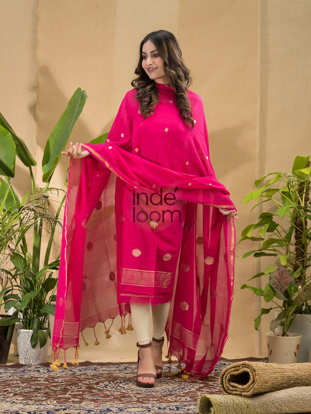 Deep Pink Jamdani 2-Piece Set Kurti & Dupatta (UNSTITCHED) -715