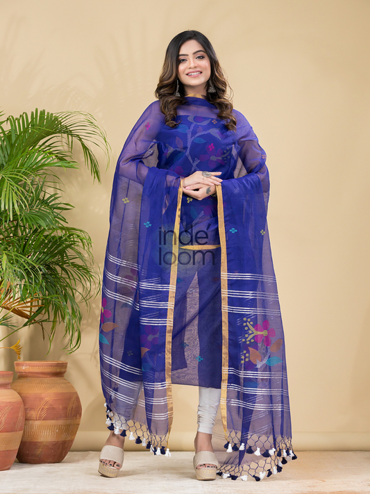 Cobalt Blue | Handloom Jamdani Muslin Unstitched 2-Piece Kurti | Classic Design