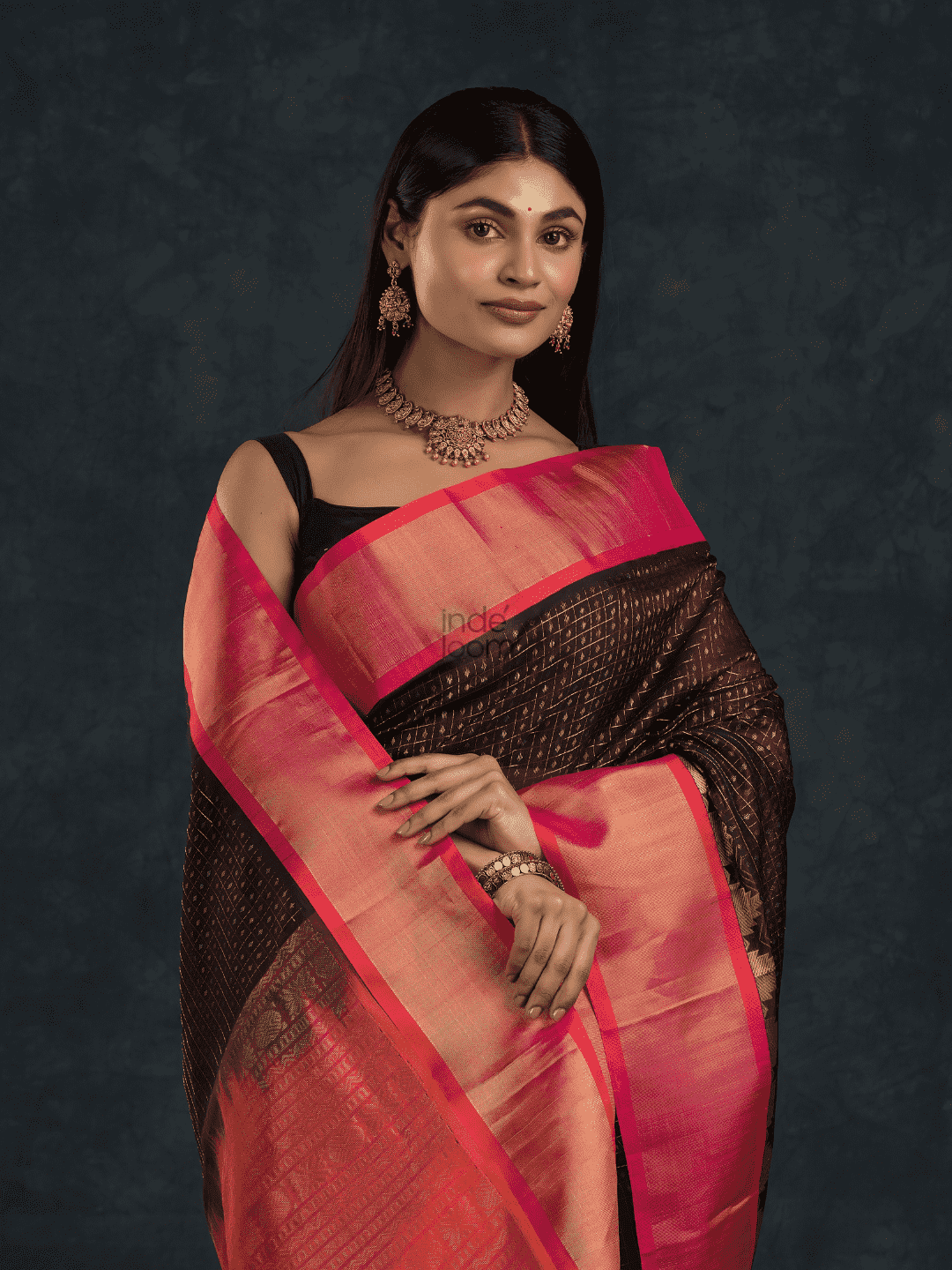 Pure Handloom Korvai Silk Cotton Lakshadeepam Saree in Rich Chocolate Brown and Multishade Pink Border - 146