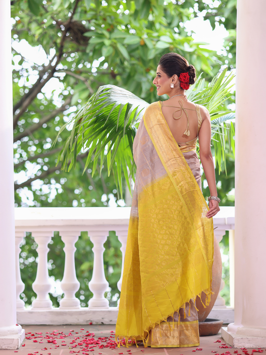 Pure Handloom Korvai Saree | Silver Grey