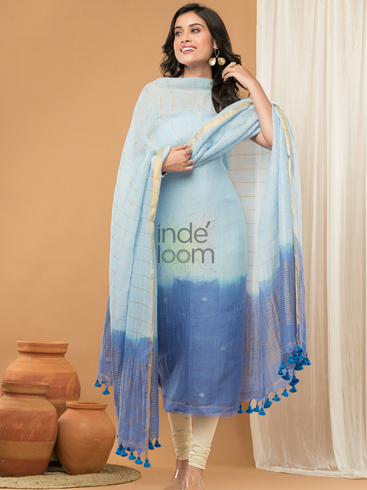 Bright Blue | Handloom Jamdani Linen Unstitched 2-Piece Kurti | Ombre Design