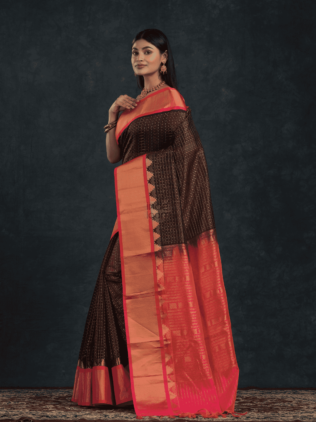 Pure Handloom Korvai Silk Cotton Lakshadeepam Saree in Rich Chocolate Brown and Multishade Pink Border - 146
