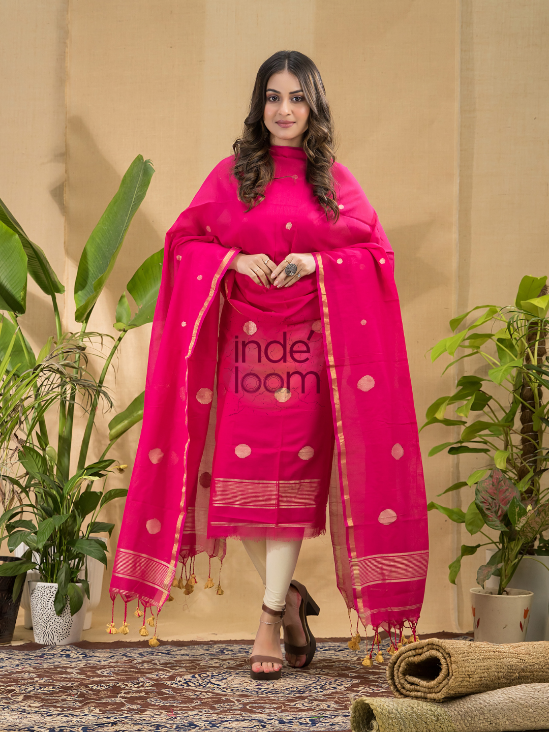 Deep Pink Jamdani 2-Piece Set Kurti & Dupatta (UNSTITCHED) -715
